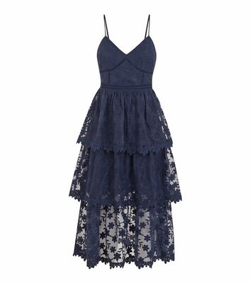 Navy Floral Lace Tiered Maxi Dress ...